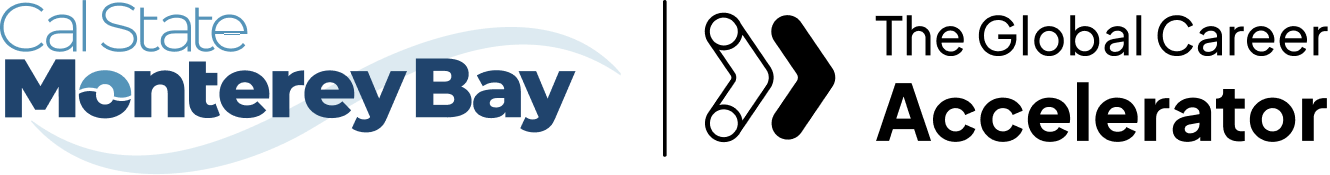 Logo for Cal State Monterey Bay and The Global Career Accelerator, featuring the university name and a stylized arrow icon.