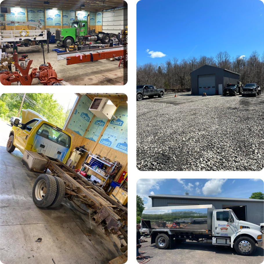 A collage of pictures shows a truck being repaired in a garage