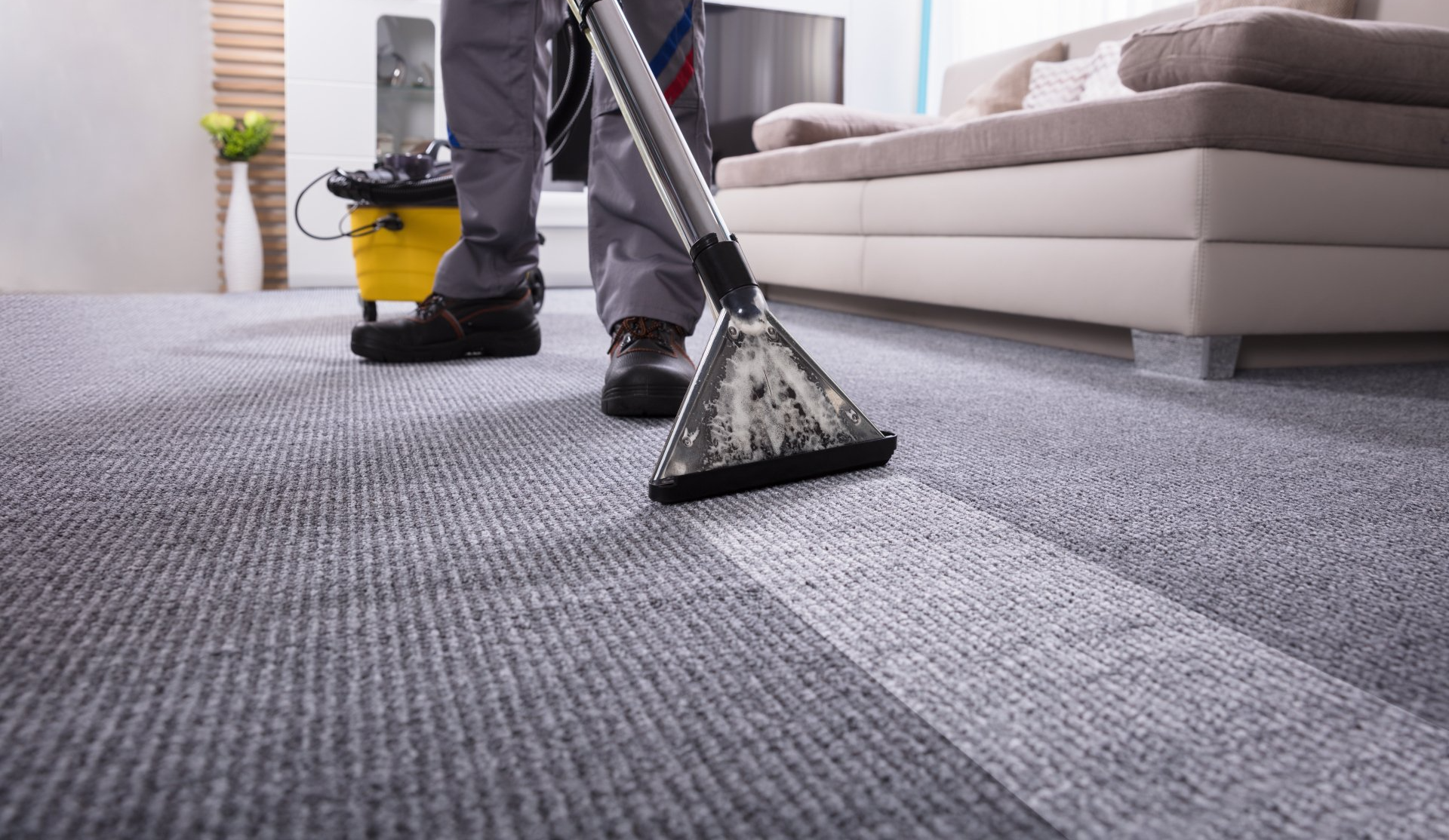 Low Section Of A Person Cleaning The Carpet With Vacuum Cleaner In Living Room
