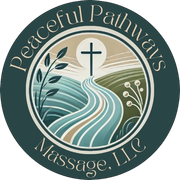 The logo for peaceful pathways massage llc shows a river running through a field with a cross in the middle.