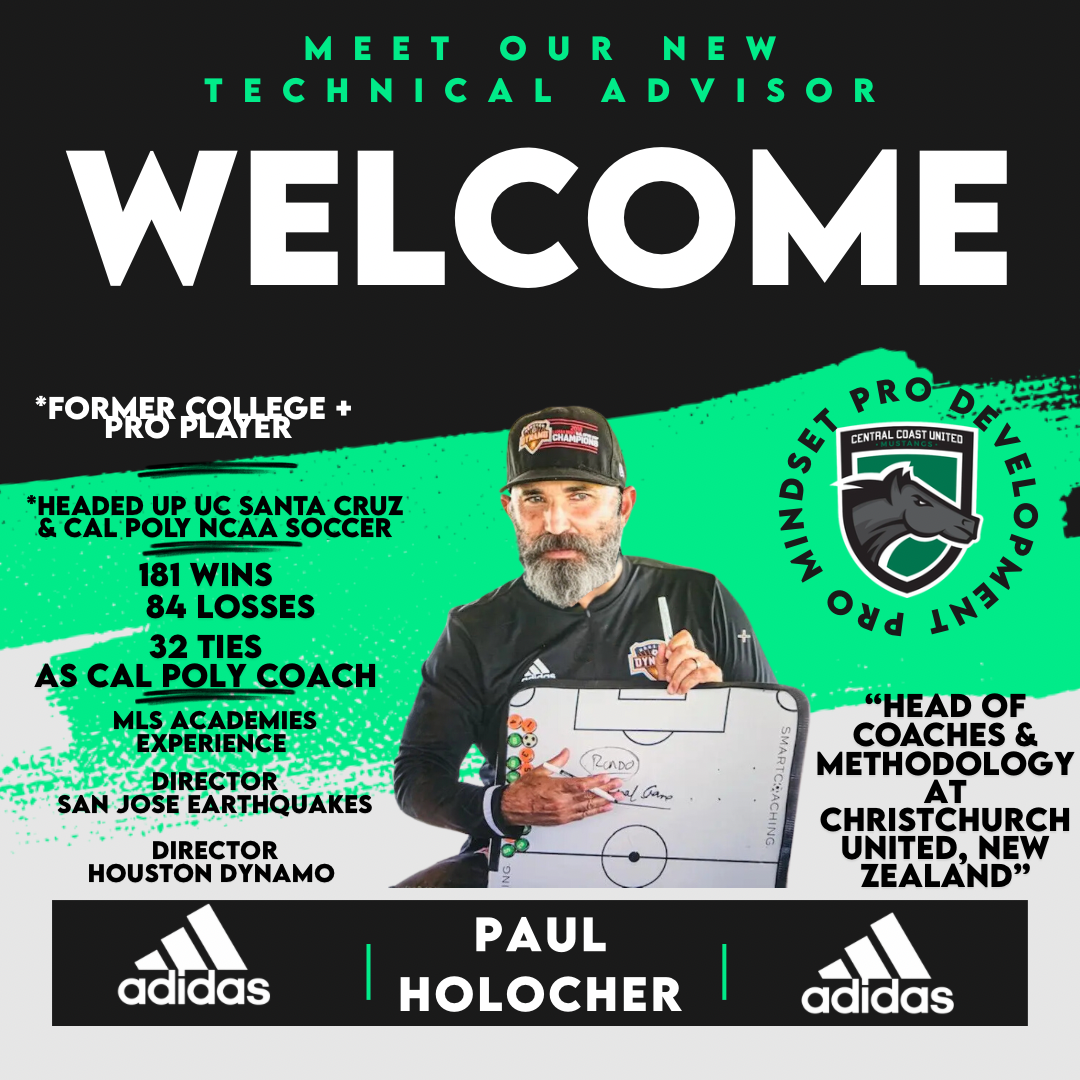 Welcome graphic for Paul Holocher, new technical advisor. Shows his photo and soccer coaching experience.