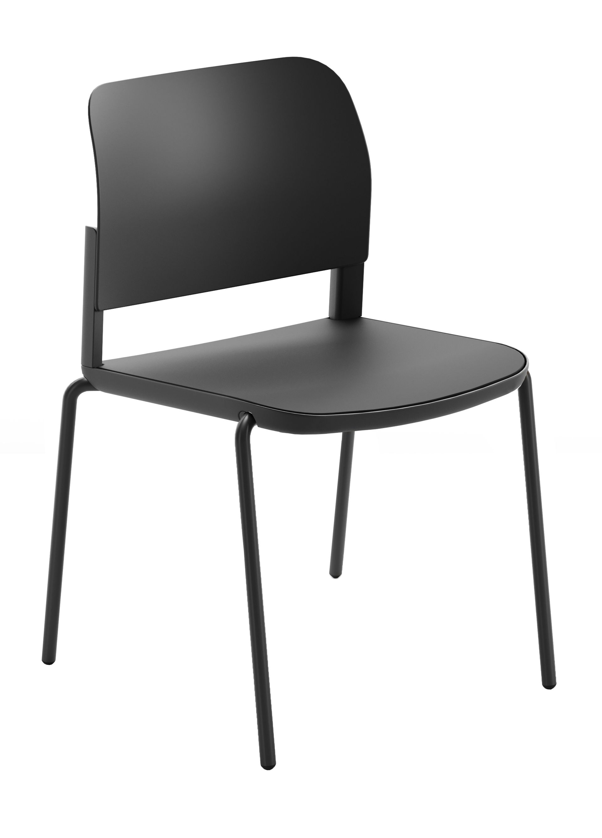 Una silla negra con estructura de metal y asiento negro sobre fondo blanco.