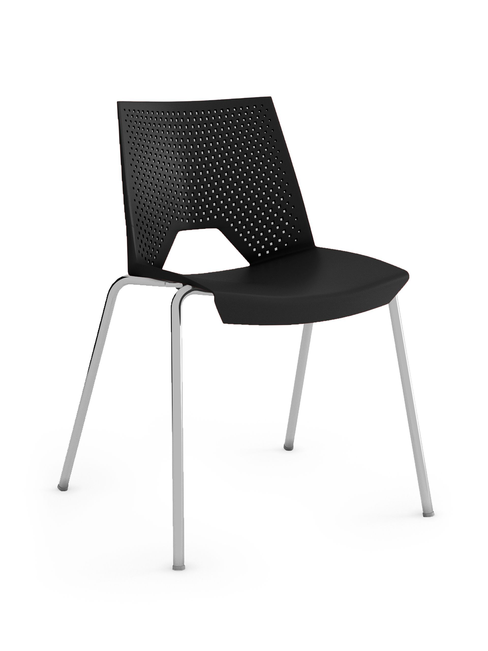 Una silla de plástico roja con patas cromadas sobre un fondo blanco.