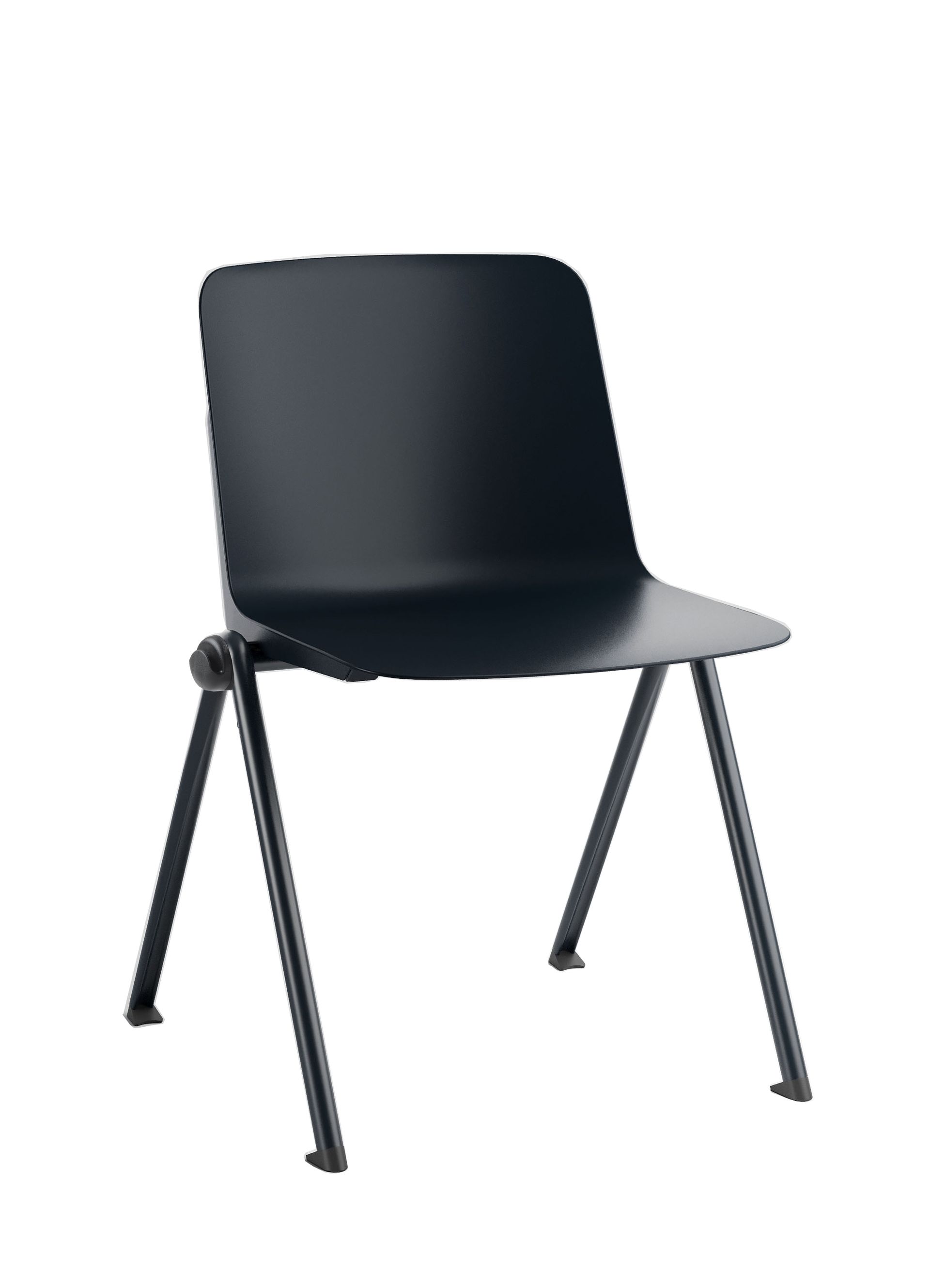 Una silla azul con patas de metal sobre un fondo blanco.