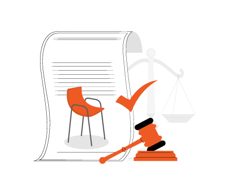 Una ilustración de un mazo de juez, una silla y una balanza de justicia.