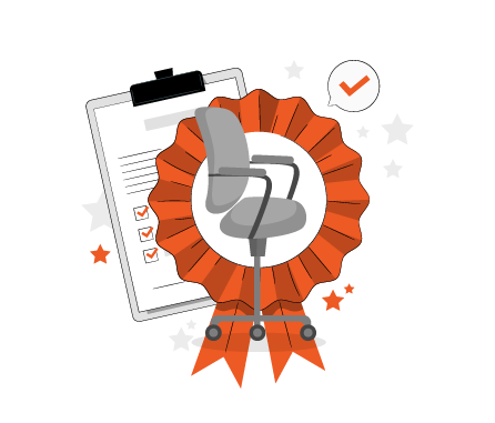 Una ilustración de una cinta con una silla y un portapapeles.