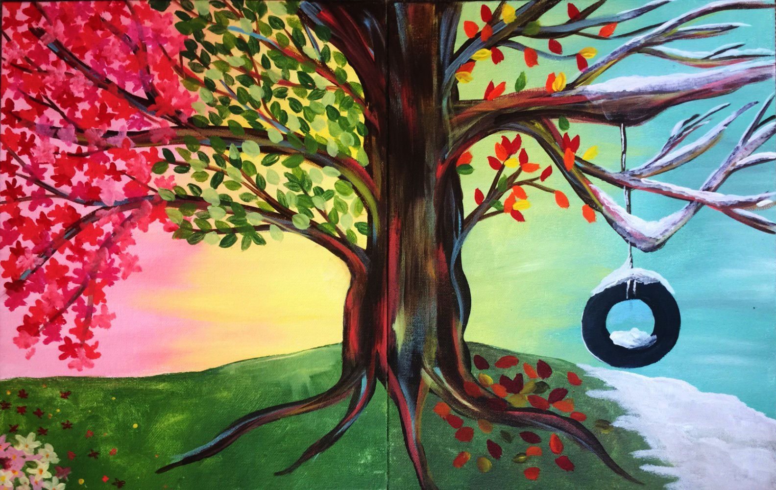 A painting of a tree with a tire swing hanging from it.