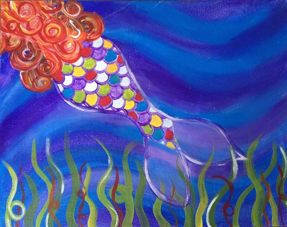A painting of a mermaid swimming in the ocean
