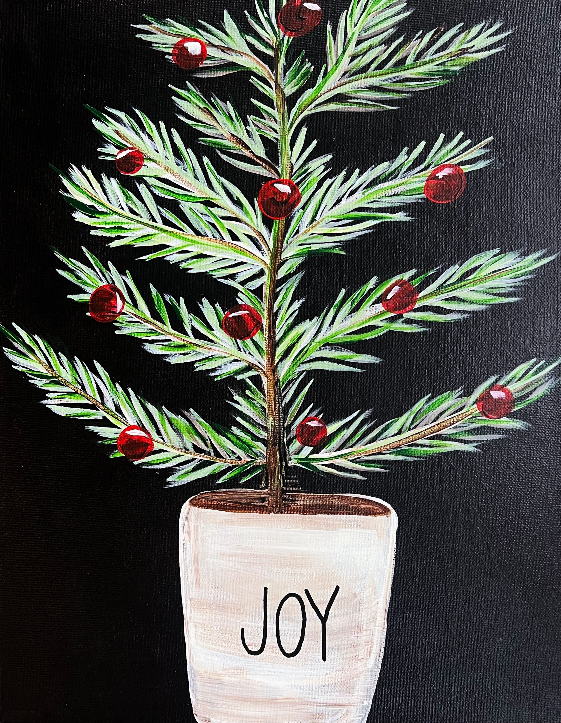 A painting of a christmas tree in a vase that says joy