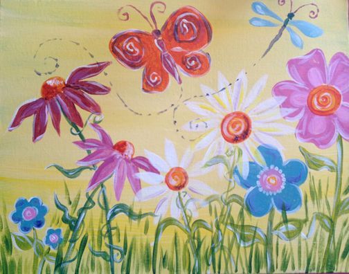 A painting of flowers and butterflies on a yellow background