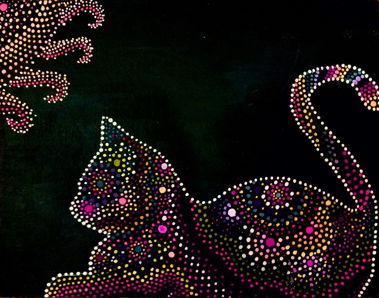 A painting of a cat made of dots on a black background