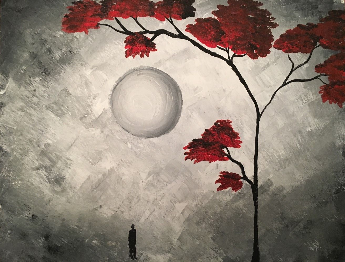 A painting of a man standing under a tree with a full moon in the background