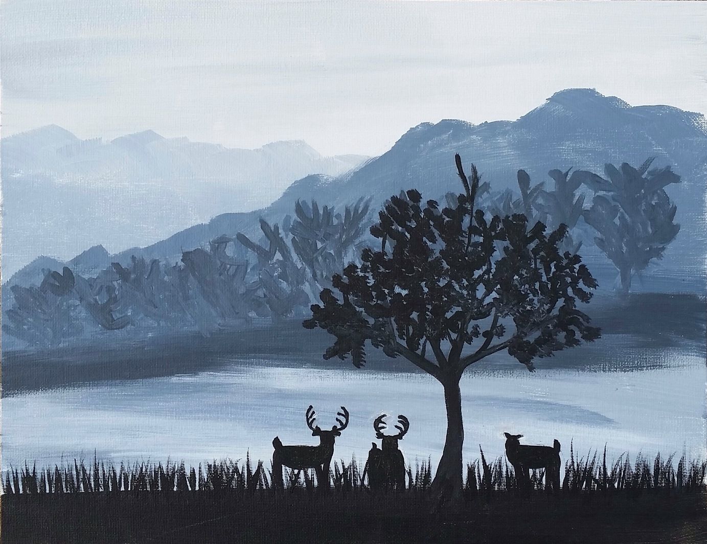A painting of three deer standing under a tree