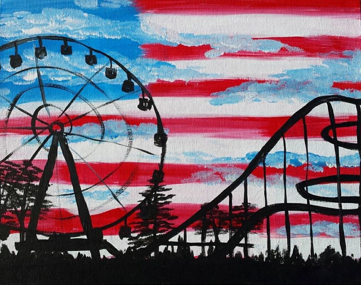 A painting of a roller coaster and a ferris wheel in front of an american flag.