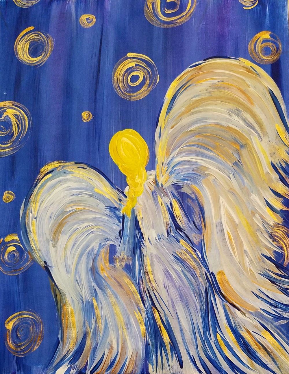 A painting of an angel with yellow wings on a blue background
