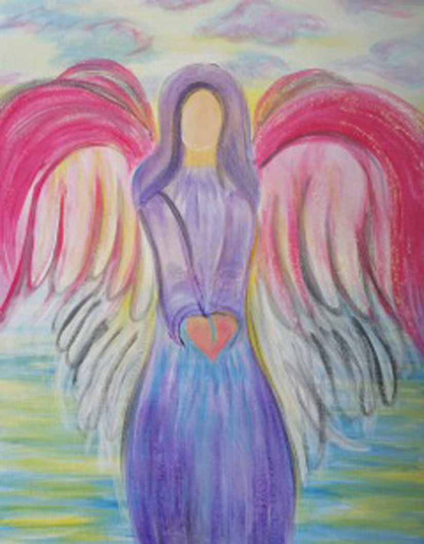 A painting of an angel with pink wings holding a heart.