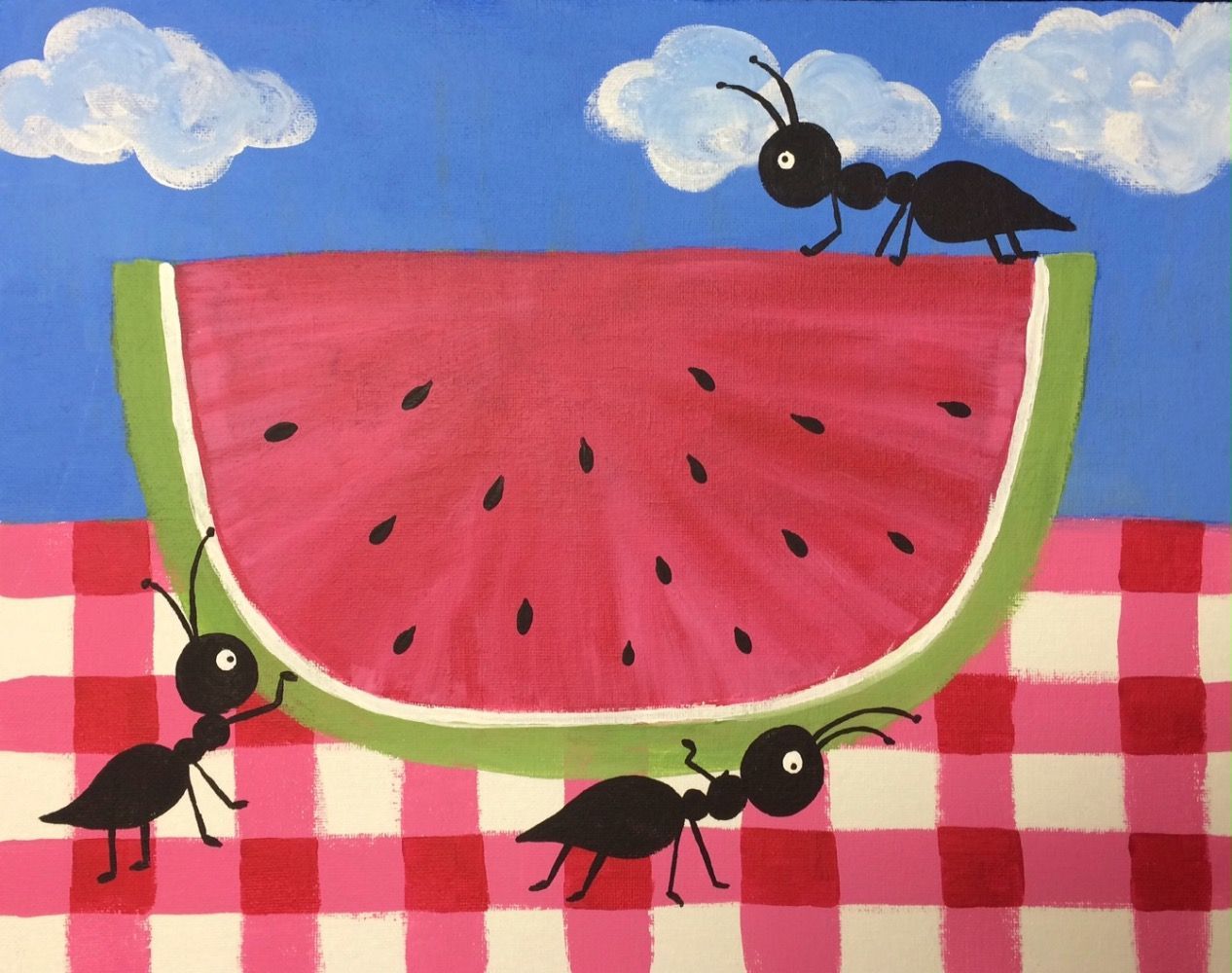 Three ants are eating a slice of watermelon on a checkered table cloth