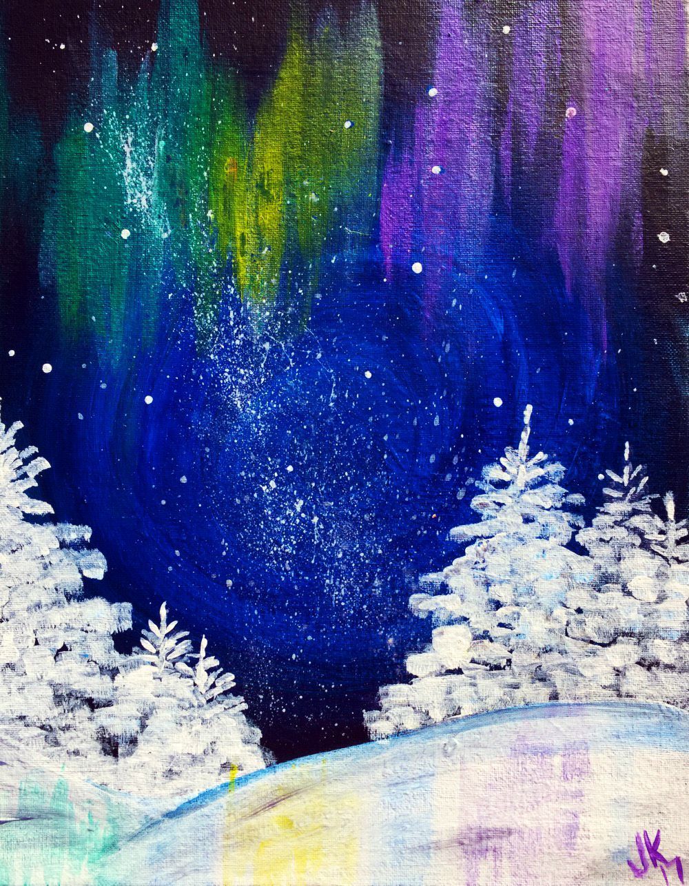 A painting of the aurora borealis over a snowy forest
