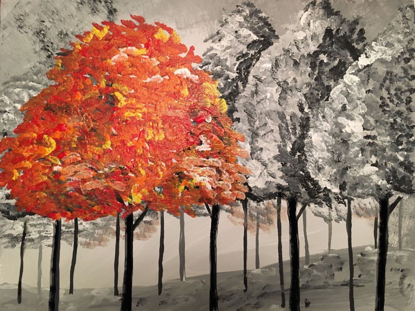 A painting of trees with red and yellow leaves