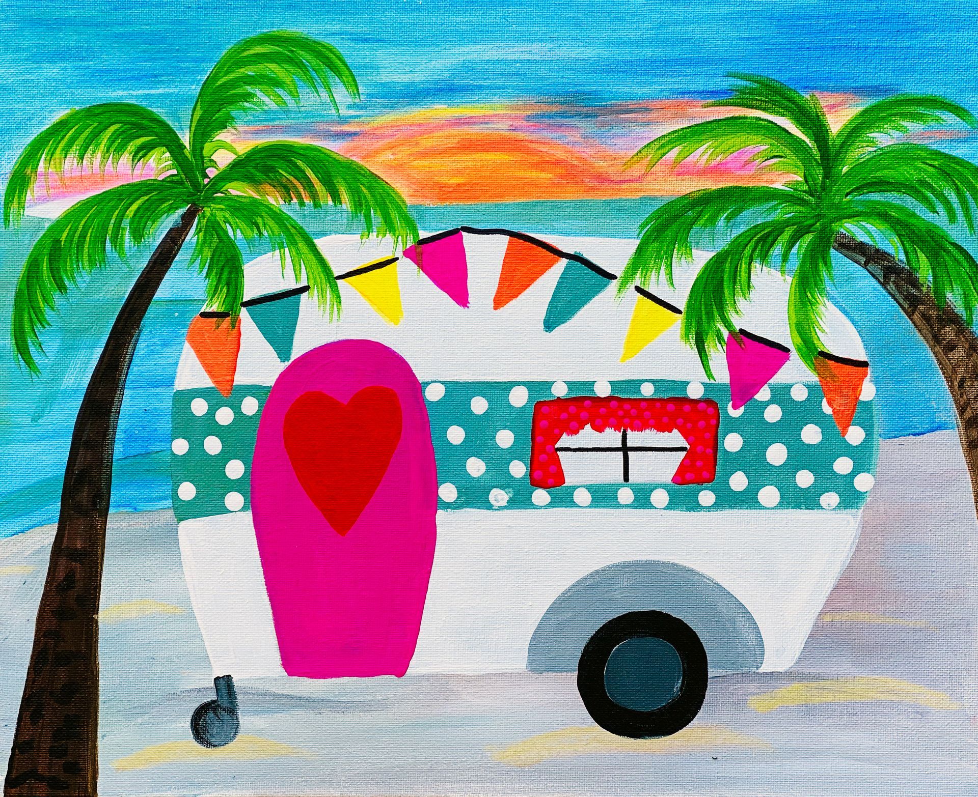 A painting of a trailer on a beach with palm trees
