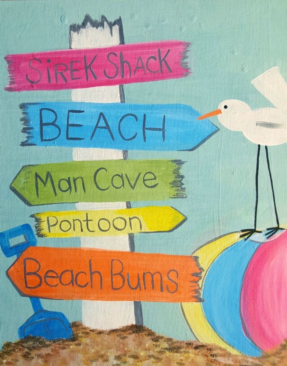 A painting of a bird standing on a beach bum