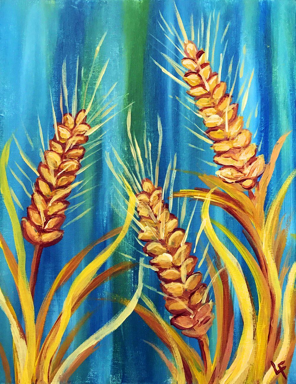 A painting of three ears of wheat on a blue background