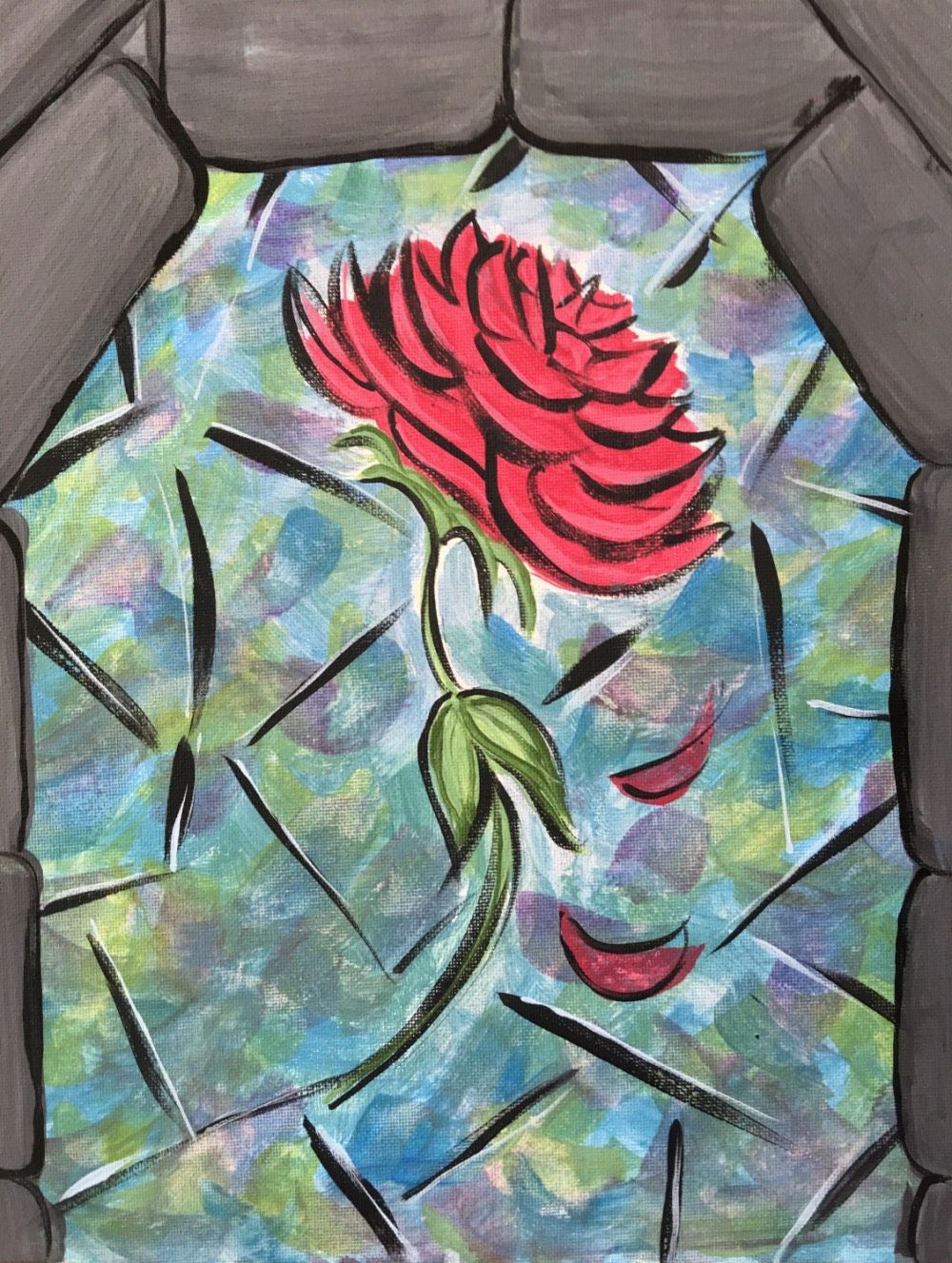 A painting of a red rose on a blue background