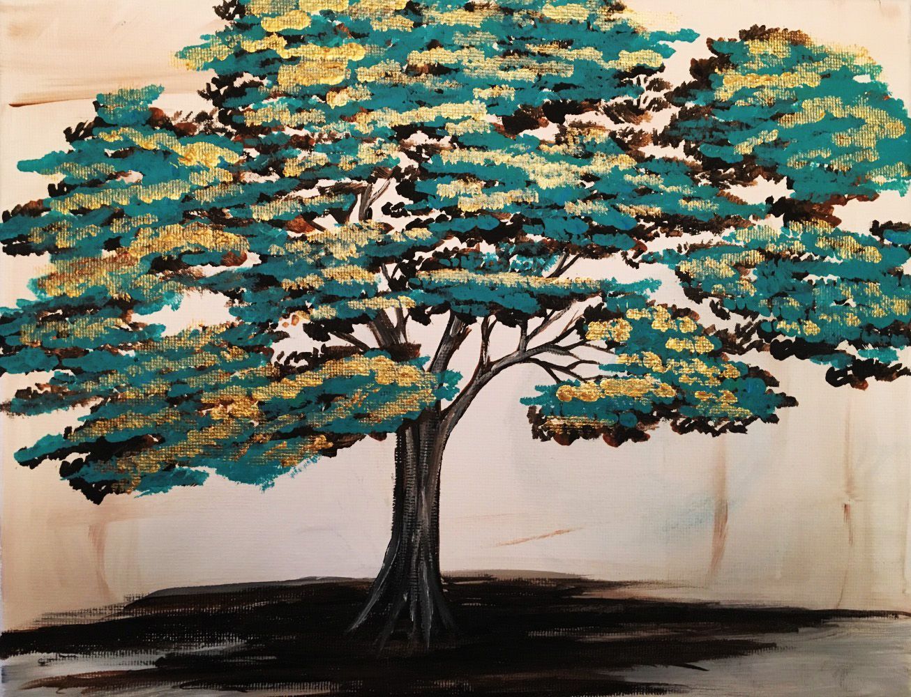 A painting of a tree with blue and gold leaves