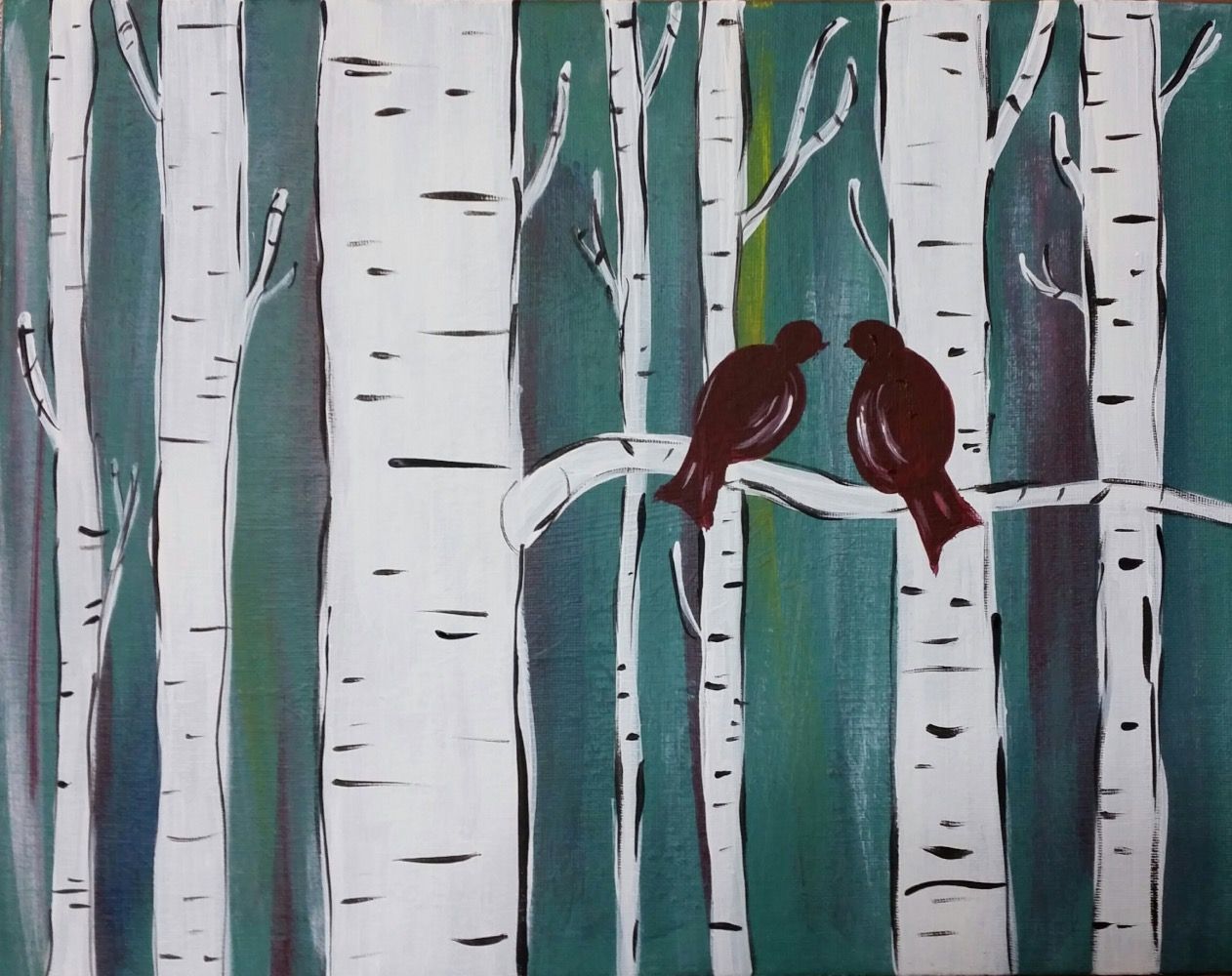 A painting of two birds sitting on a tree branch