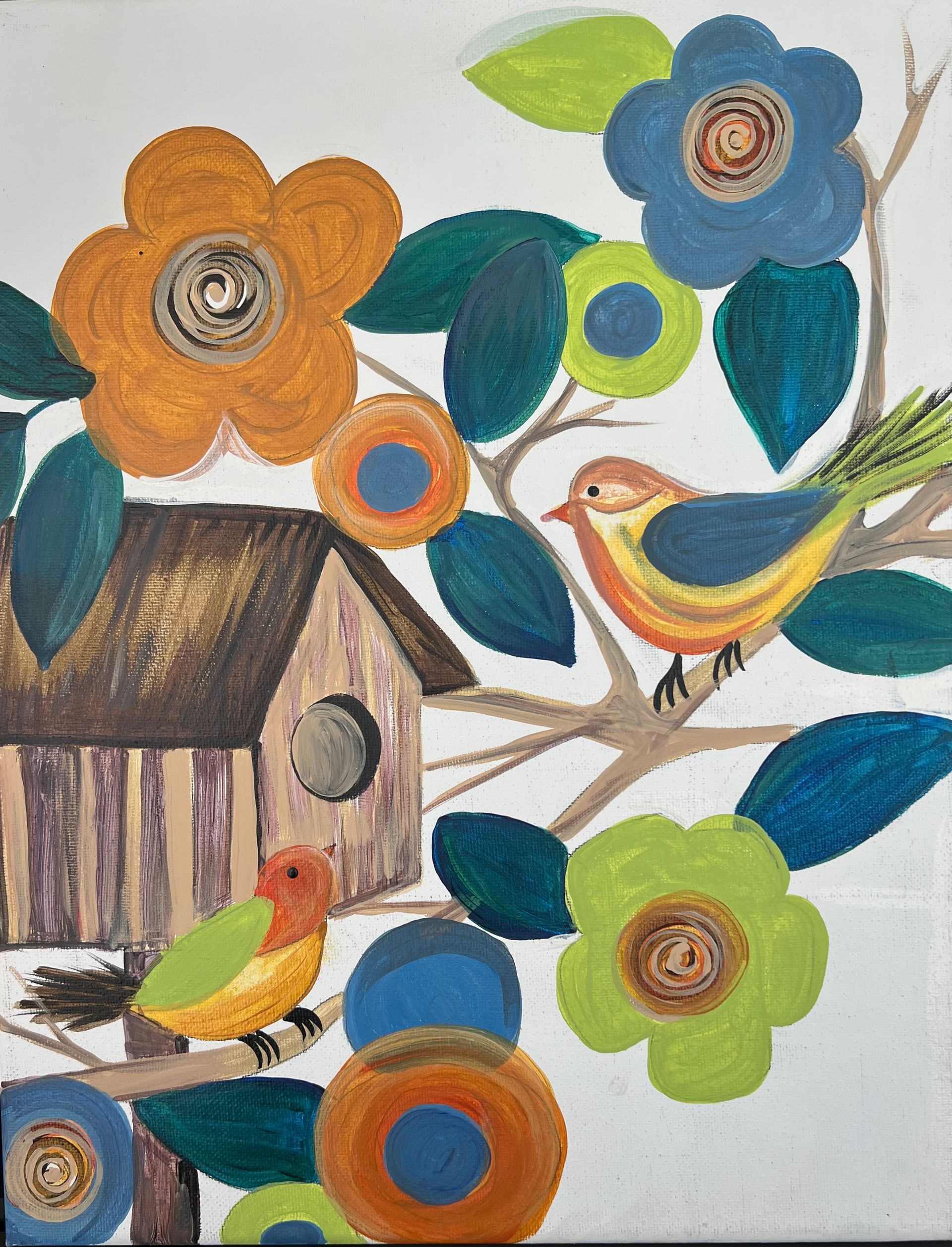 A painting of birds and flowers with a birdhouse in the background