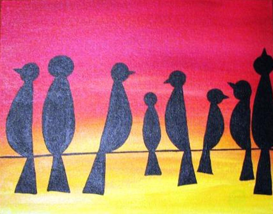 A painting of birds standing on a wire at sunset