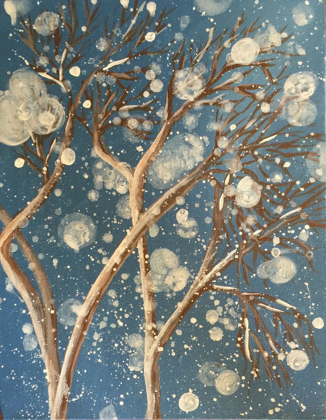 A painting of trees with snow falling on them