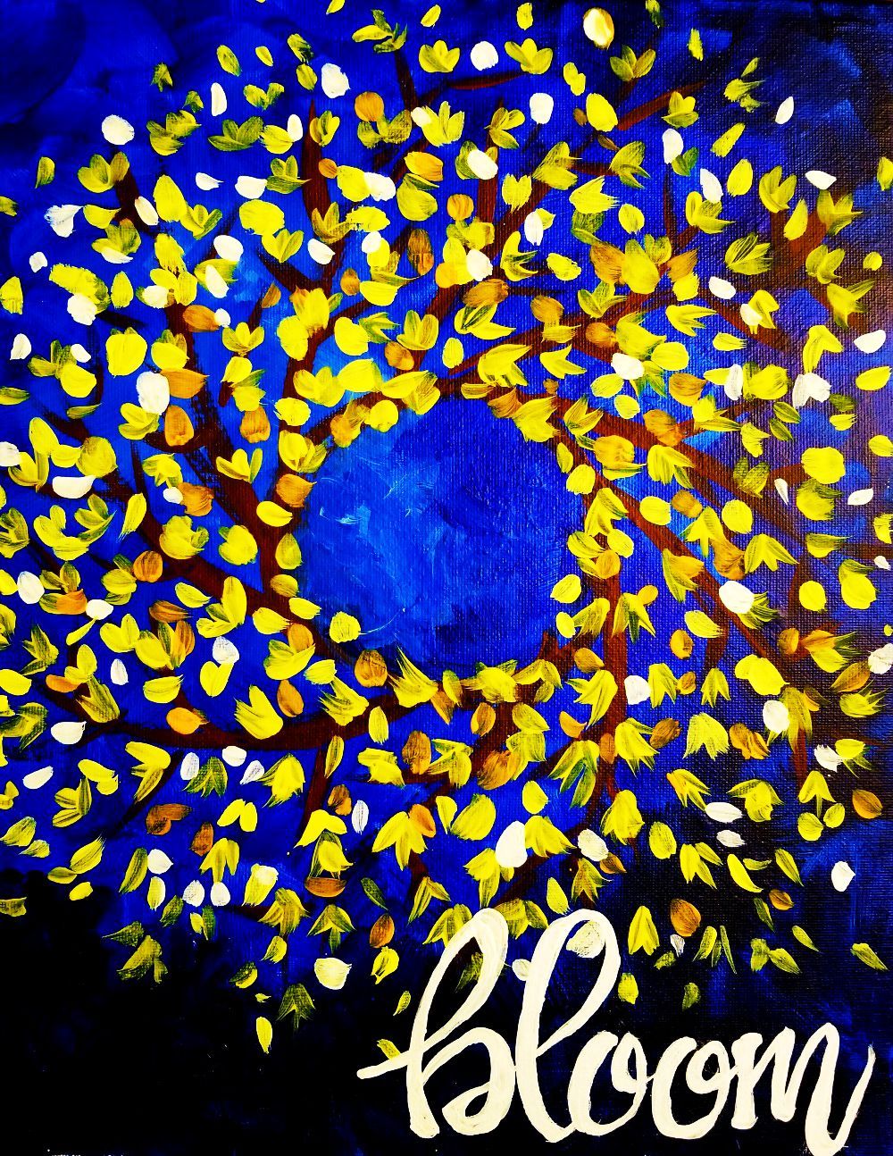A painting of a tree with the word bloom on it