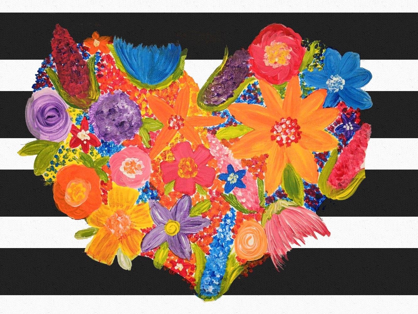 A heart made of colorful flowers on a black and white striped background