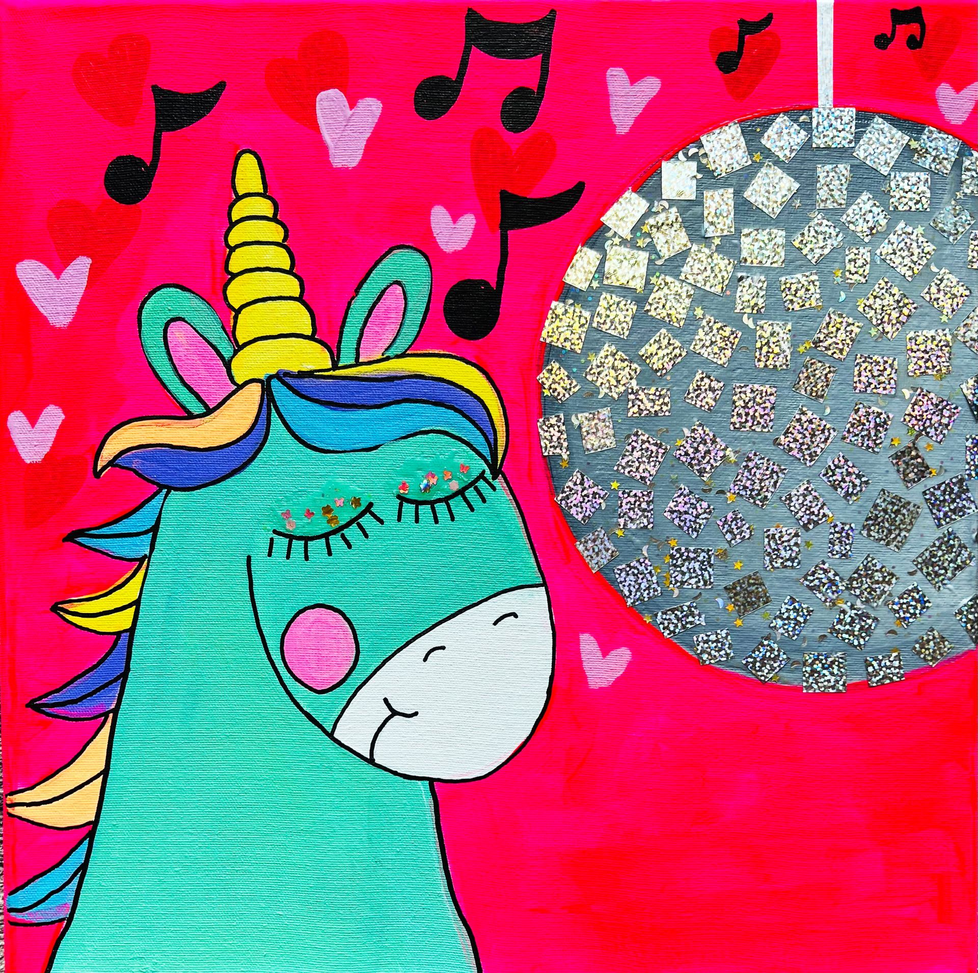 A unicorn with a disco ball and music notes on a pink background