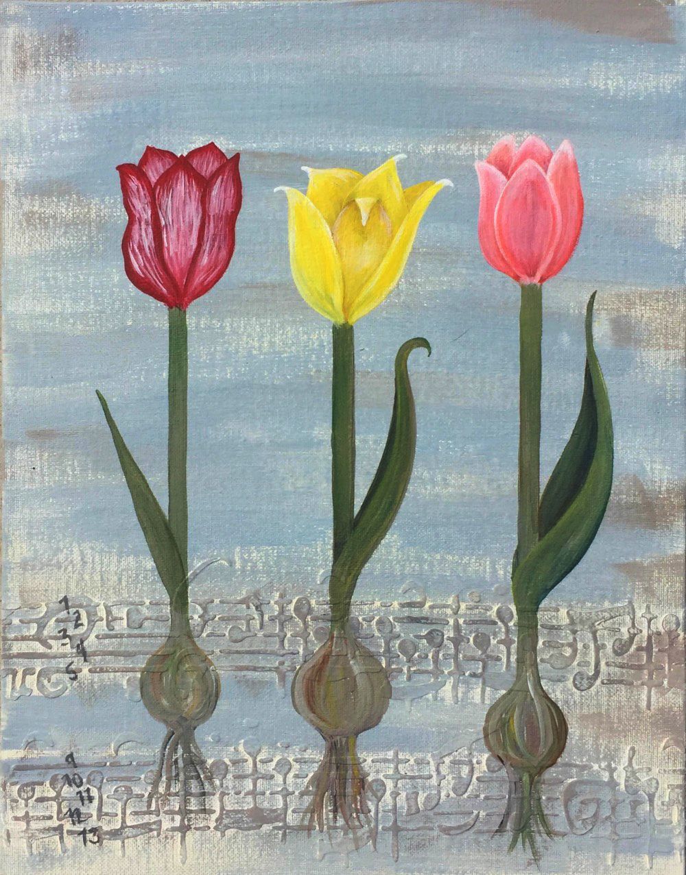 A painting of three tulips on a blue background