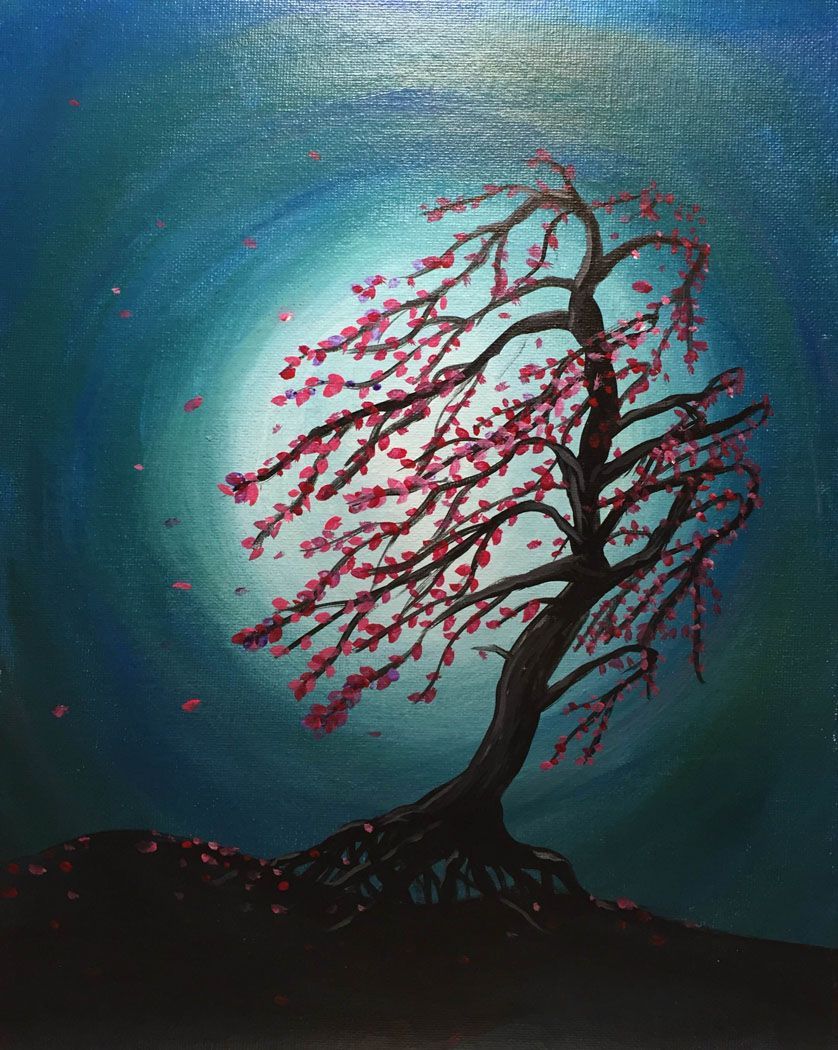 A painting of a cherry blossom tree in front of a full moon.