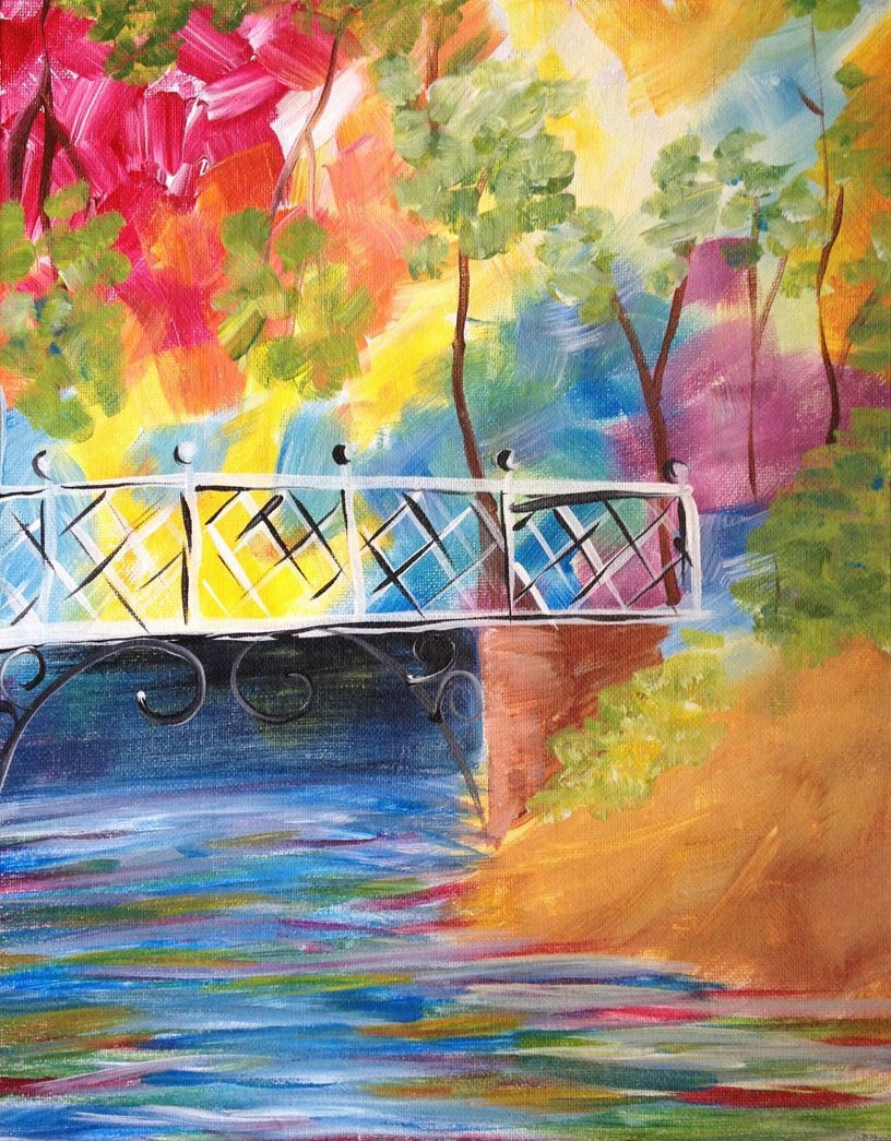 A painting of a bridge over a river with trees in the background.