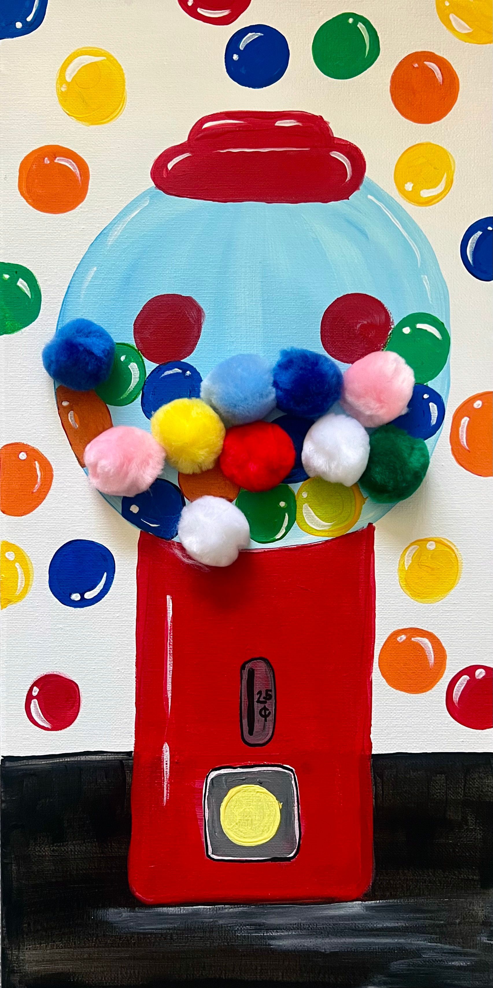 A painting of a gumball machine filled with colorful pom poms.