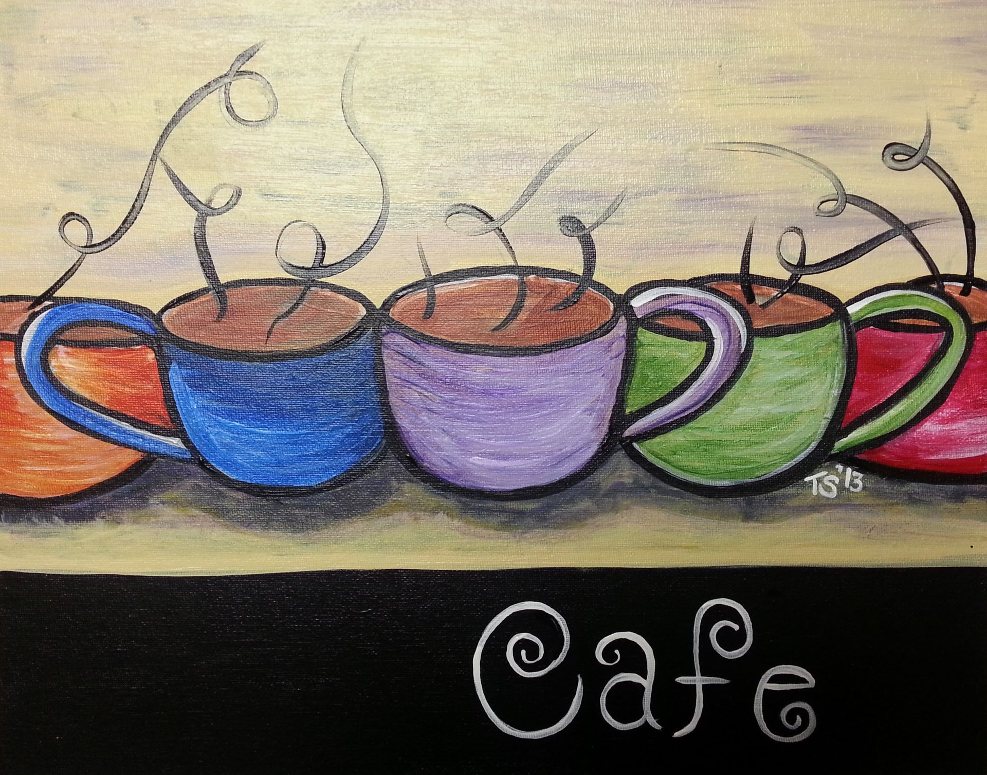 A painting of a row of coffee cups with the word cafe below them