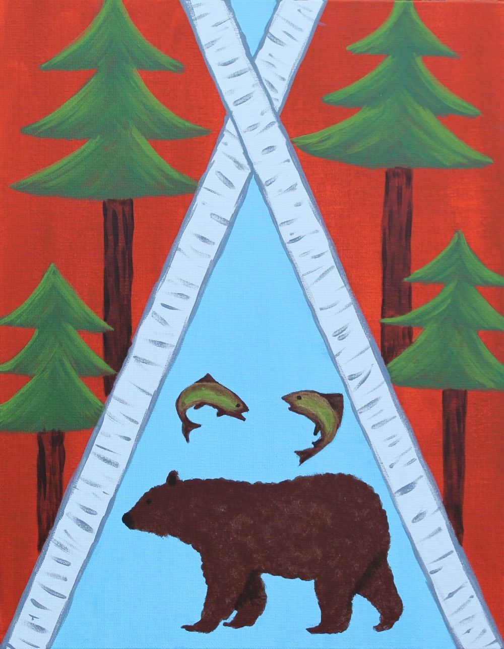 A painting of a bear surrounded by trees and fish