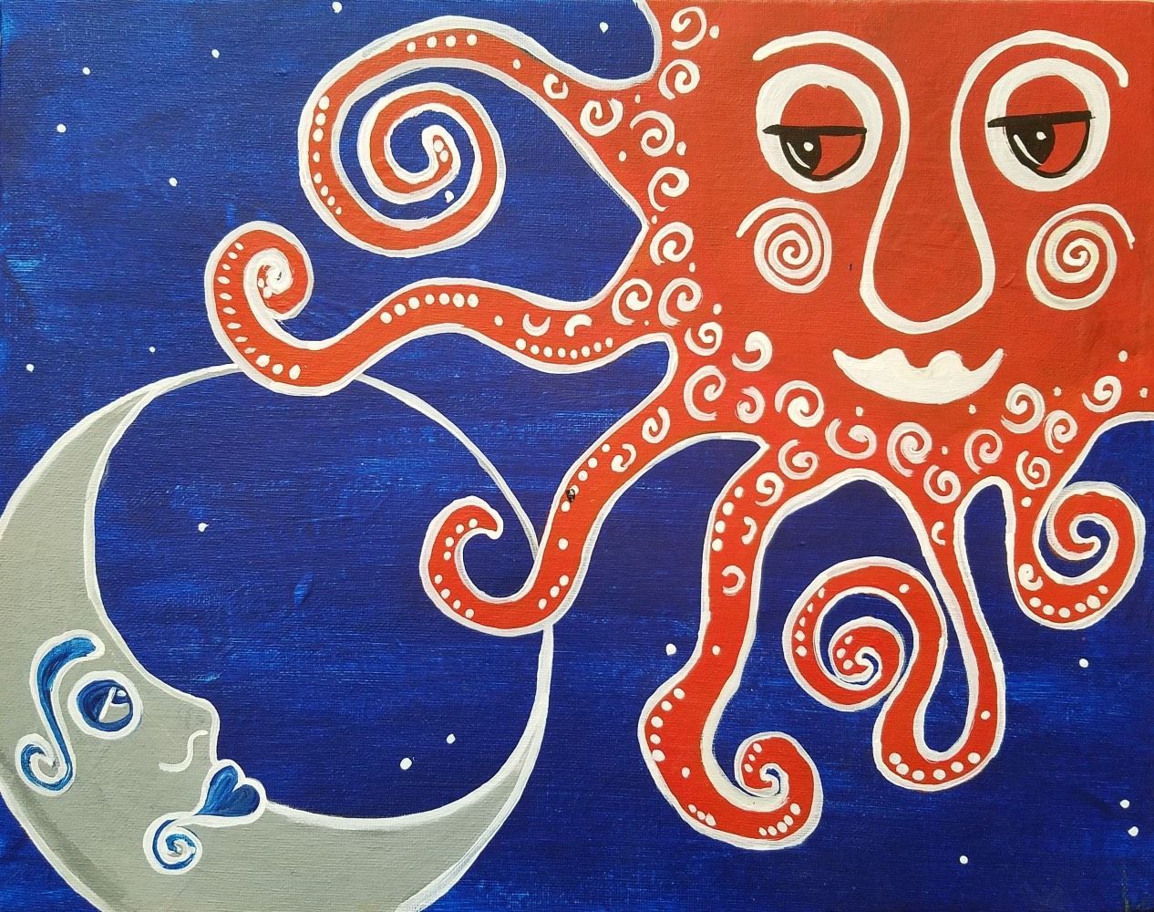A painting of an octopus and a crescent moon