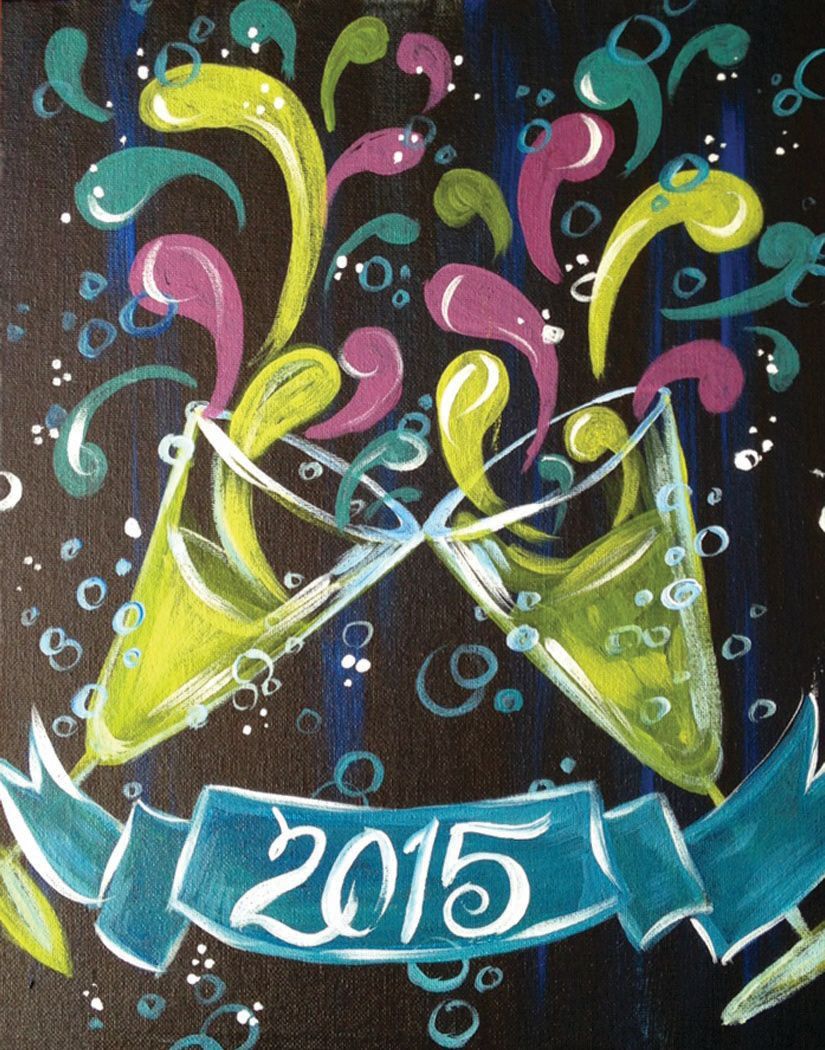 A painting of two glasses of champagne with a banner that says 2015