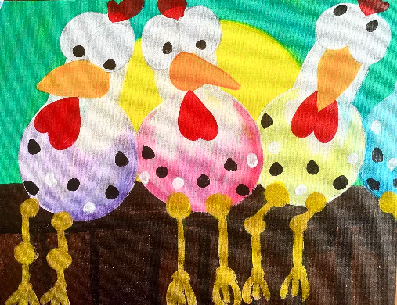 A painting of three chickens sitting on a fence