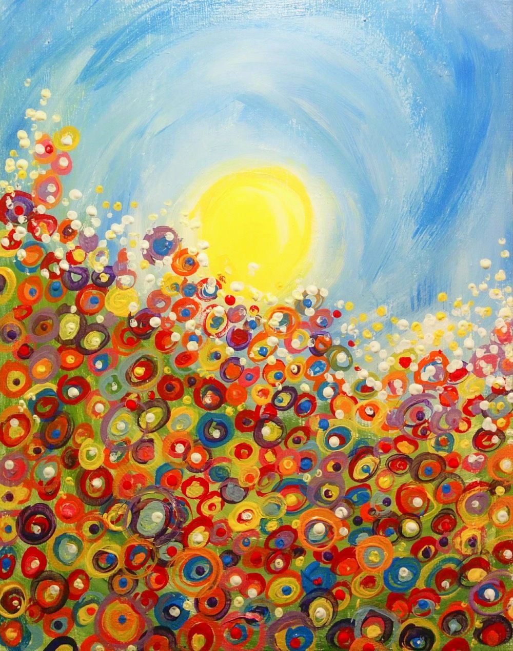 A painting of a field of colorful flowers with the sun in the background