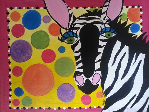 A colorful painting of a zebra with green eyes