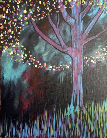 A painting of a tree with colorful leaves