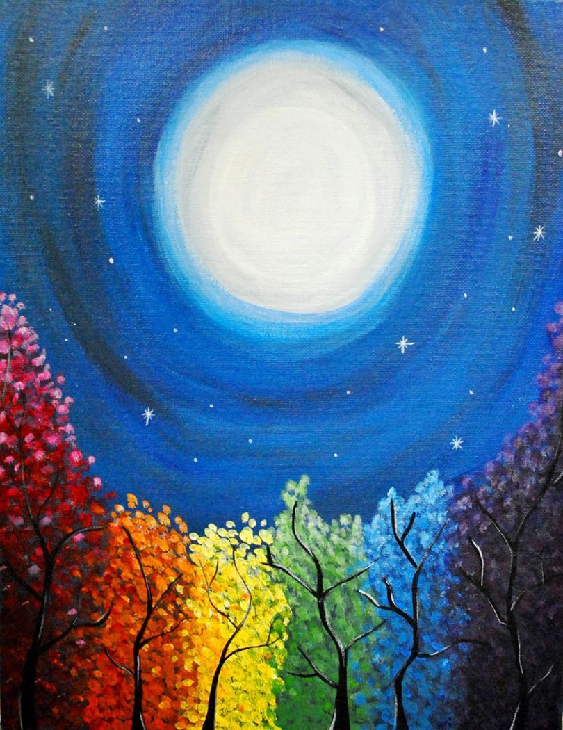 A painting of rainbow colored trees with a full moon in the background