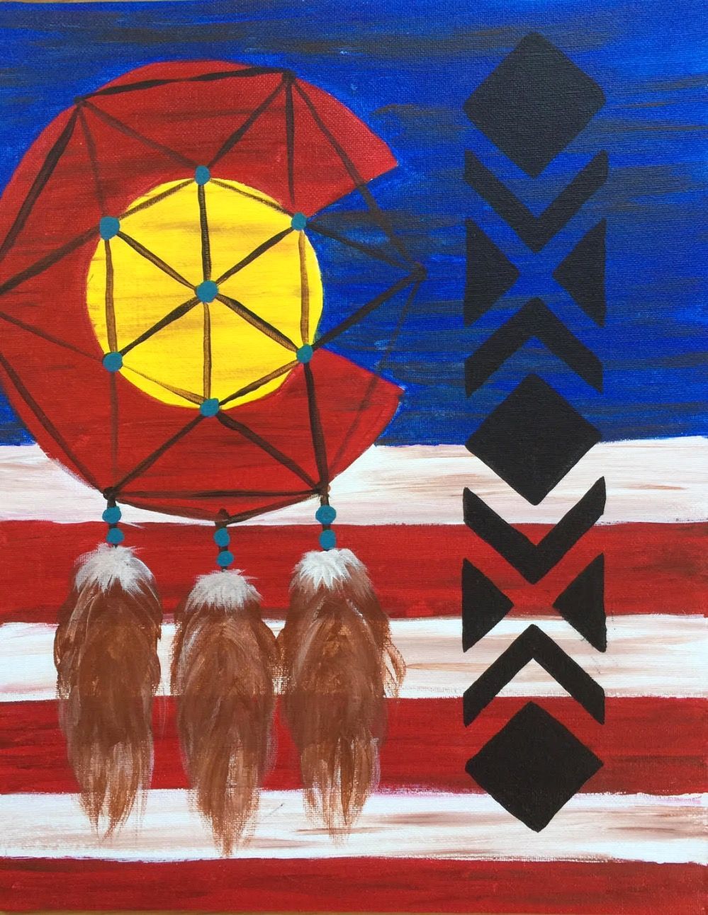 A painting of a dream catcher on top of an american flag