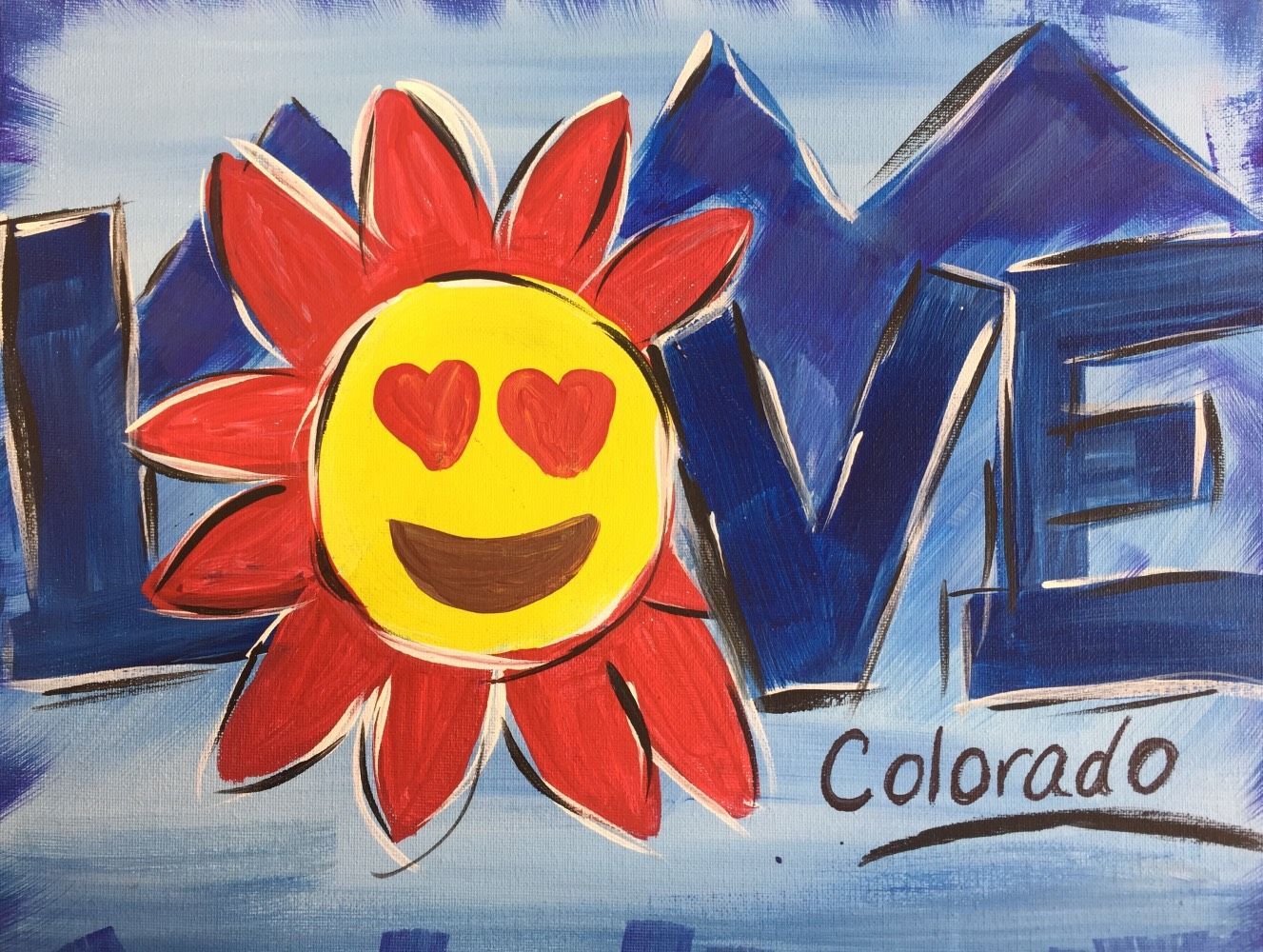 A painting of a sun with hearts in its eyes that says love colorado